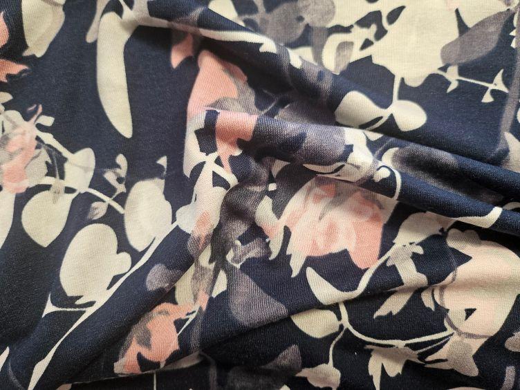 Viskose Jersey mit rosa Blumen blau