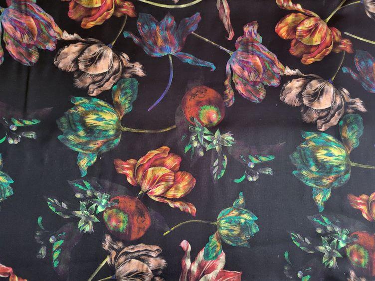 Satin Viskose floral schwarz - 1