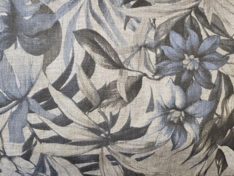 Leinenstoff mit Blätterprint grau/blau - 0